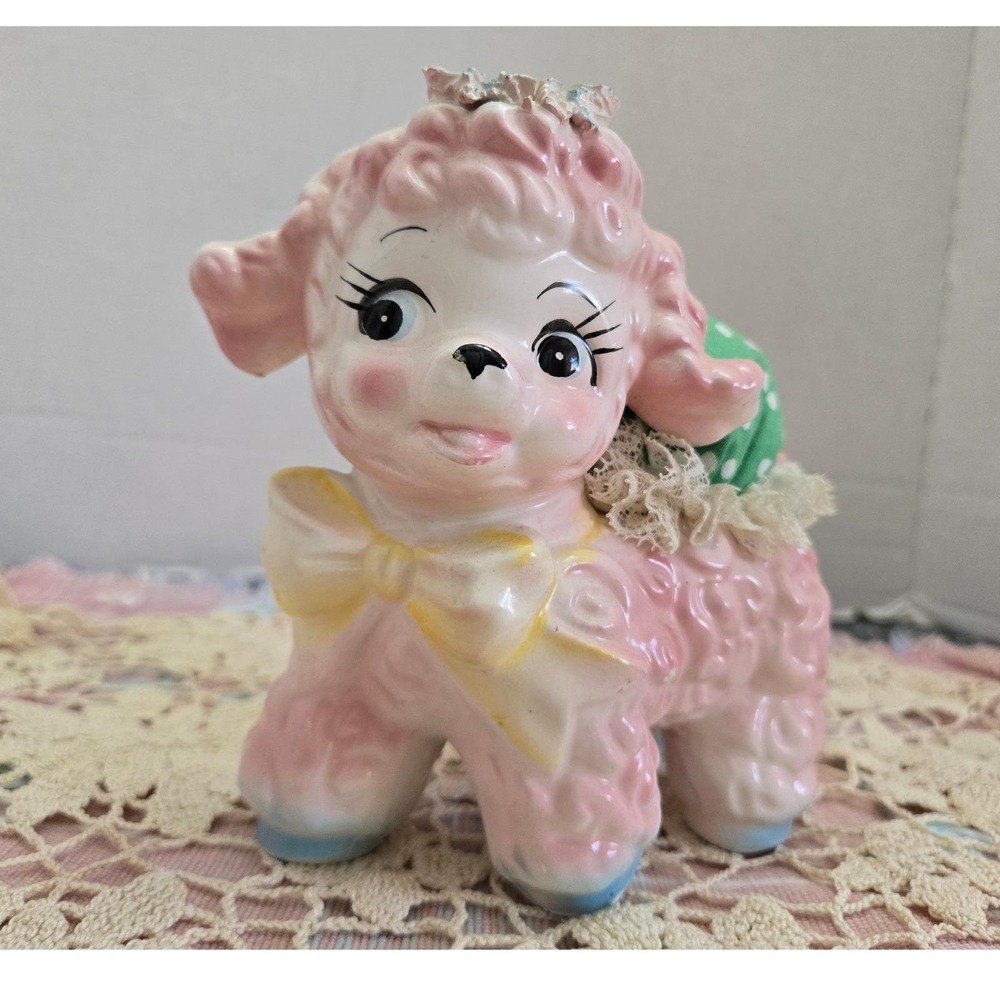 Vintage 1961 Relpo Ceramic Lamb #431S Pincushion Pink